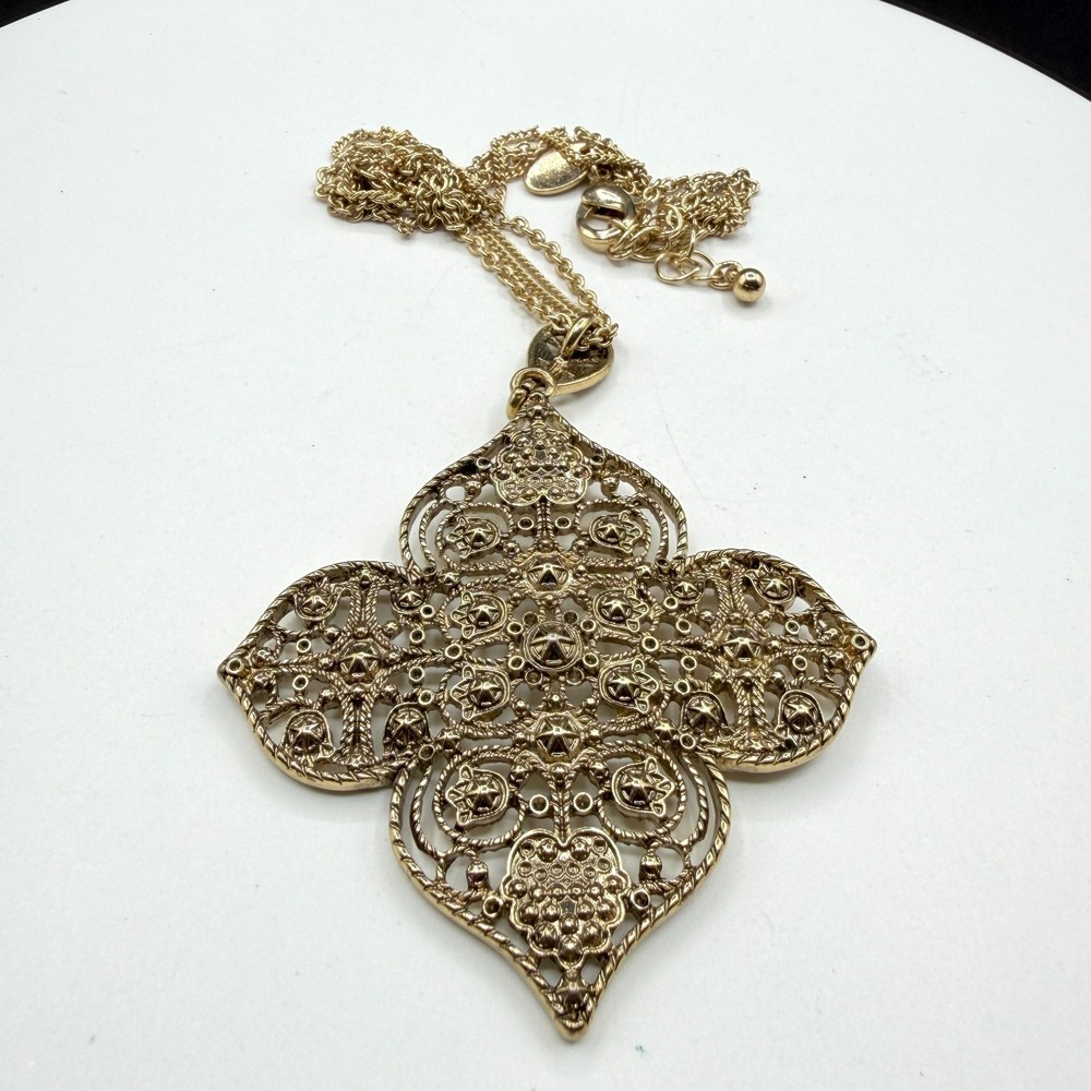 Charming Charlie Gold Tone Ornate Filigree Medallion Pendant Necklace Statement